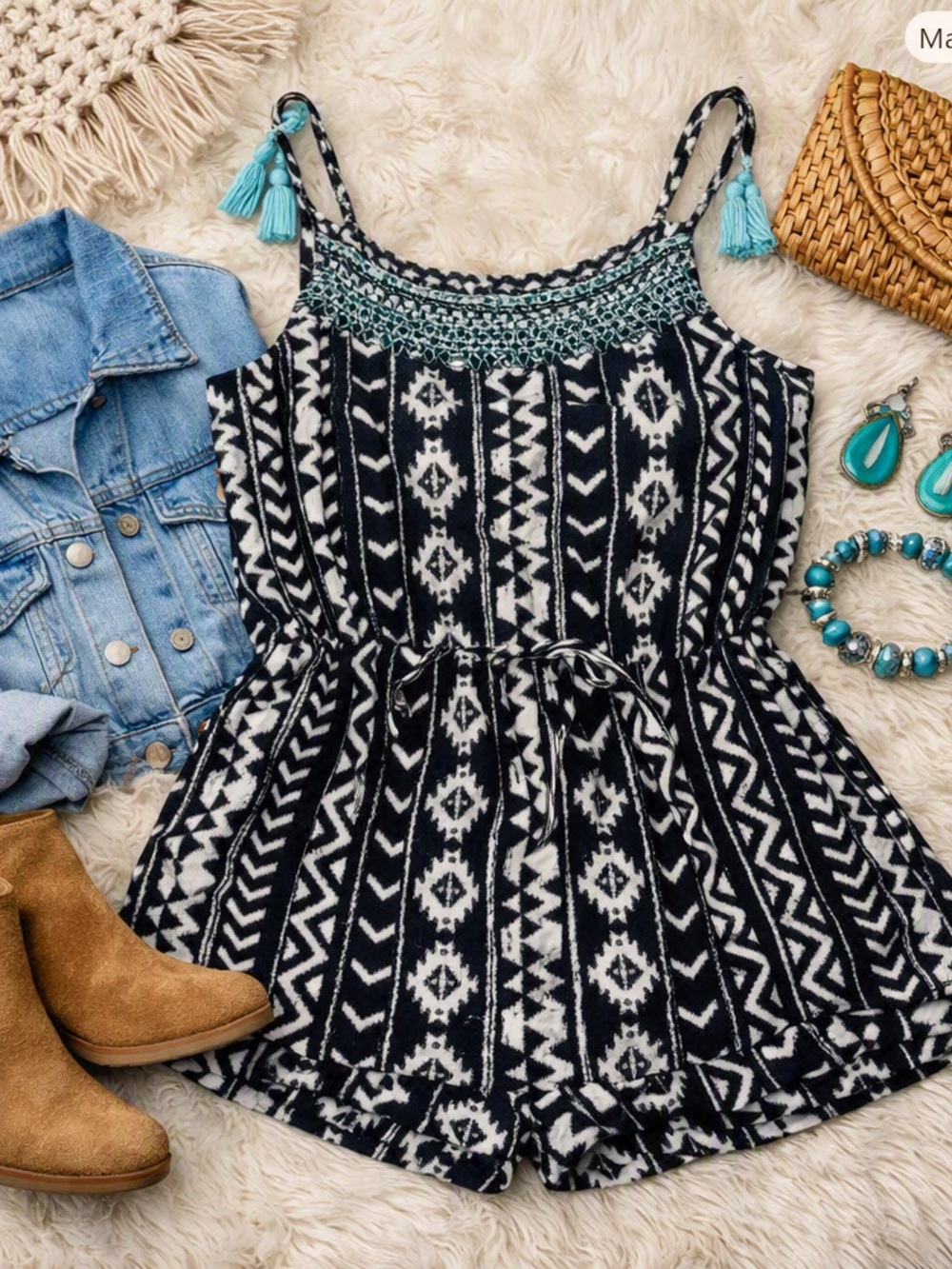 Arizona Jean Company Black & White Printed Camisole Romper with Aqua Accents